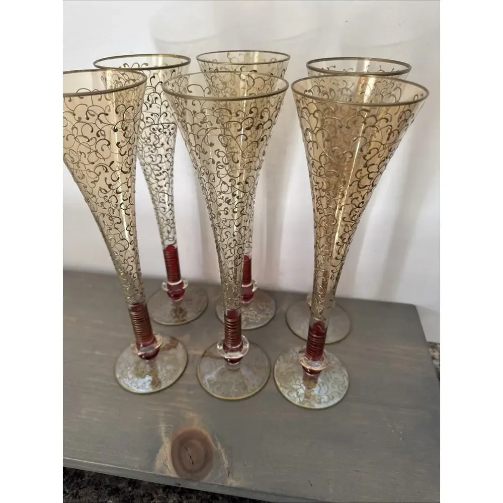 Pier 1 Rioja Hand Blown Champagne Flutes Ruby Red Stem Gold Scroll Set Of 6 Rare